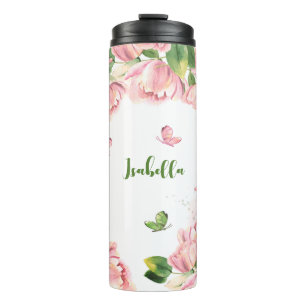 Termo flores verdes mariposas rosa caliente