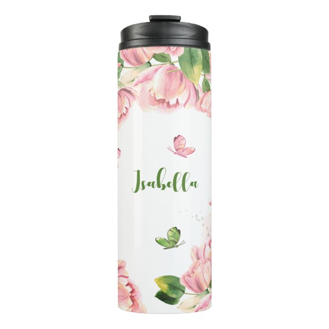 Termo flores verdes mariposas rosa caliente (Anverso)