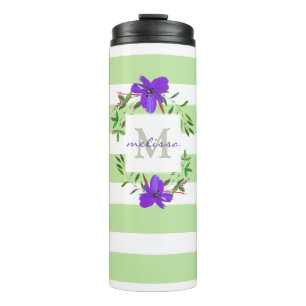 Termo Flores violetas pintadas con monograma y rayas