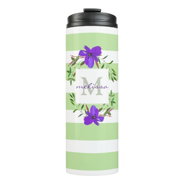 Termo Flores violetas pintadas con monograma y rayas (Anverso)