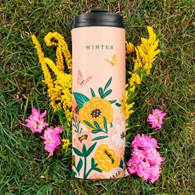 Termo Flores y mariposas de girasol amarillo bonito (Pretty Yellow Sunflower Wildflowers & Butterflies Thermal Tumbler)