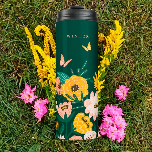 Termo Flores y mariposas de girasol amarillo bonito (Pretty Yellow Sunflower Wildflowers & Butterflies Thermal Tumbler)