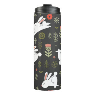 Termo Fondo oscuro, conejos blancos, cosecha floral.