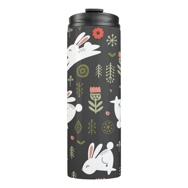 Termo Fondo oscuro, conejos blancos, cosecha floral. (Anverso)