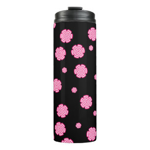 Termo Fondo oscuro, flores rosa brillante estilizadas.