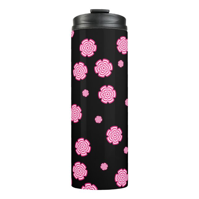 Termo Fondo oscuro, flores rosa brillante estilizadas. (Anverso)