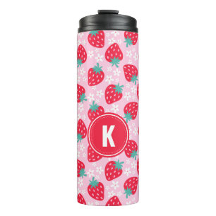 Termo Fresas Rojas Rosadas Patrón Floral Monograma