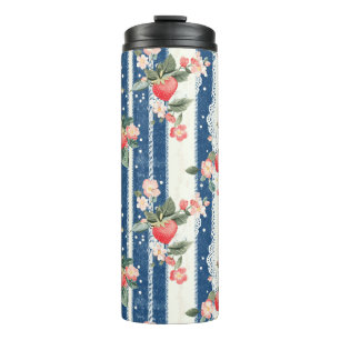 Termo Fresas y flores antiguas en franjas azules (2)