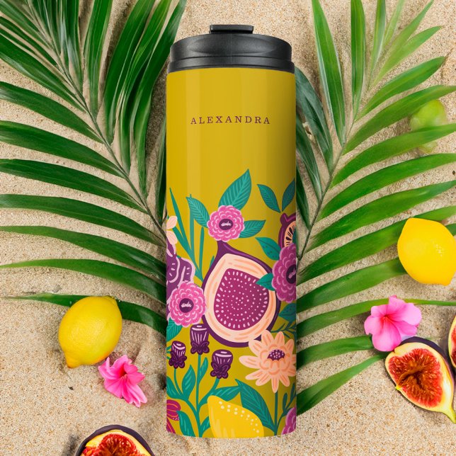 Termo Fruta tropical y flores silvestres verde botánico (Tropical Fruit & Wildflowers Botanical Green Thermal Tumbler)