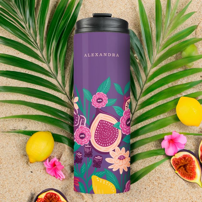 Termo Fruta tropical y flores silvestres violeta botánic (Tropical Fruit & Wildflowers Botanical Violet Thermal Tumbler)