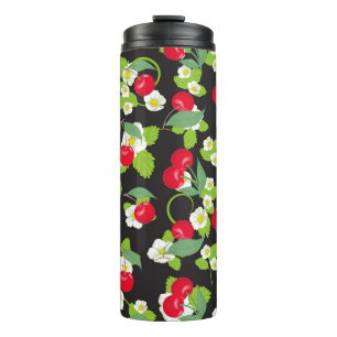 Termo Frutas de cereza rojas Hojas verdes Flores blancas