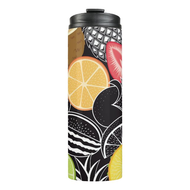Termo Frutas tropicales coloridas, fondo negro. (Anverso)