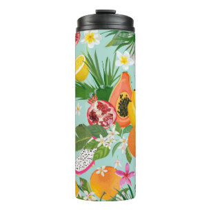 Termo Frutas tropicales, flores: fondo vintage.