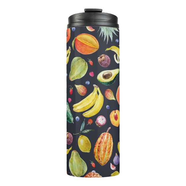 Termo Frutos Tropicales: Patrón multifruta acuarela. (Anverso)