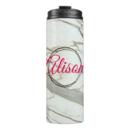 Termo Fuchsia de mármol blanco nombre personalizado rosa