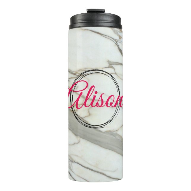 Termo Fuchsia de mármol blanco nombre personalizado rosa (Anverso)