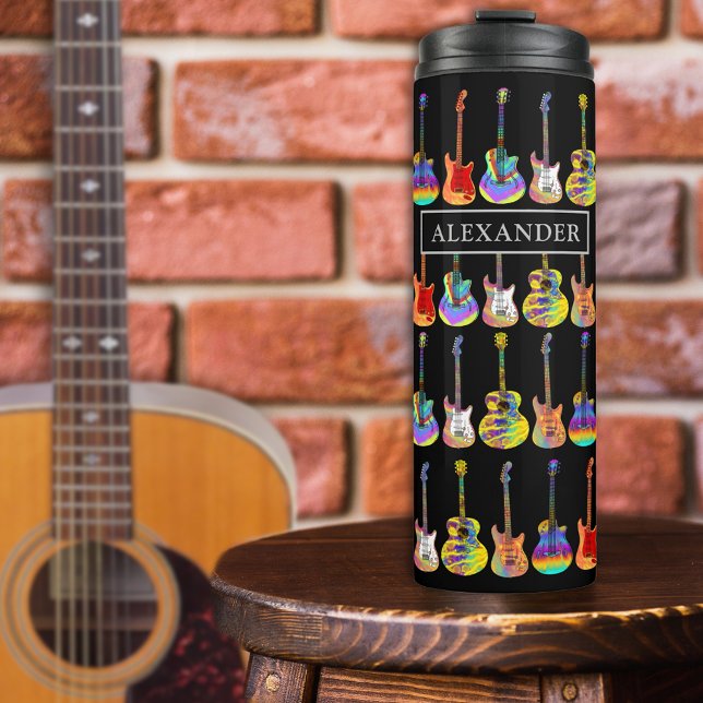 Termo Funky Guitar Pattern add Name (Funky guitar pattern personalized name colorful psychedelic guitars on black)
