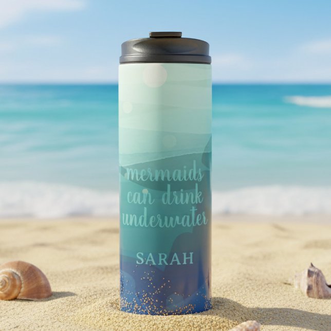 Termo Funny Teal Watercolor Mermaid Thermal Tumbler (Keep your drinks cool by the ocean. Perfect for beach days and sunny adventures. A summer essential!)