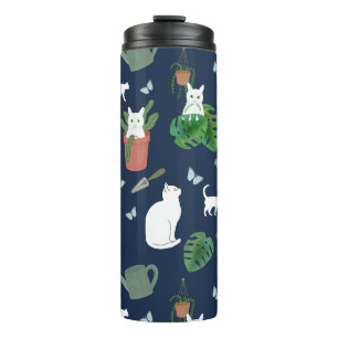 Termo Gardening Cats White Kitty Plants Blue Tumbler