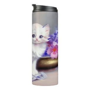 Termo Gatito blanco vintage con flores rosadas y moradas