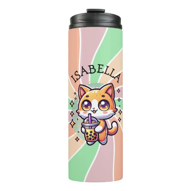 Termo Gatito kawaii con té de burbuja personalizado (Anverso)