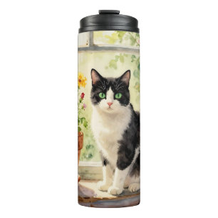 Termo Gato acuarela y flores en alféizar de ventana