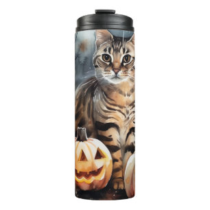 Termo Gato Bengal de Halloween con calabazas aterradoras