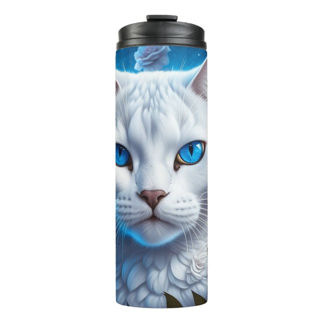 Termo Gato blanco con ojos azules brillantes florales (Anverso)