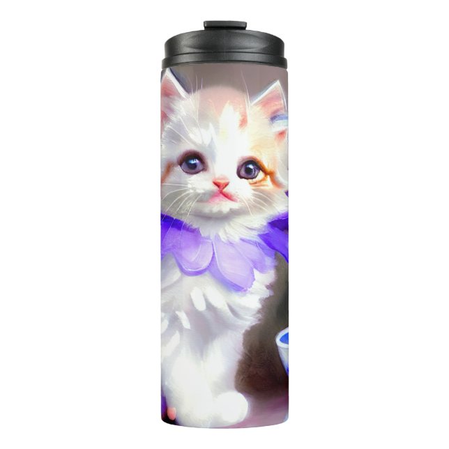 Termo Gato blanco con pintura de cuello de flores morada (Anverso)