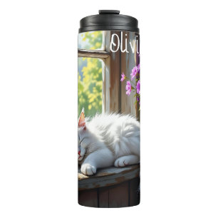 Termo Gato Blanco Durmiendo y Flores Purpura Personaliza