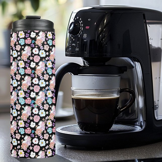 Termo Gato Blanco Floral Pastel Botánico Romántico Negro (Subido por el creador)