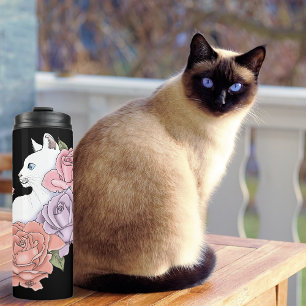 Termo Gato blanco floral pastel negro romántico botánico