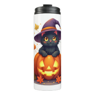 Termo Gato brujo con sombrero de calabaza