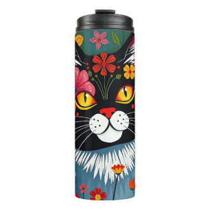Termo Gato de arte folclórico negro y blanco y flores ca