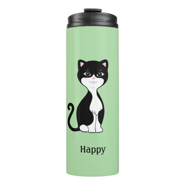 Termo Gato de esmoquín feliz con verde claro (Anverso)