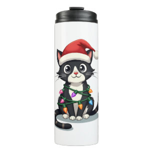 Termo Gato de Navidad Esmoquin gato negro luces de navid