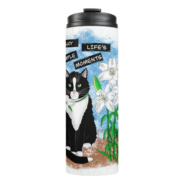 Termo Gato de Tuxedo y Lilies | Oferta Inspiradora (Anverso)