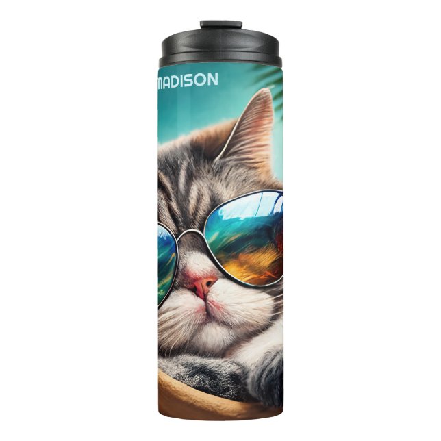 Termo Gato de vacaciones de nombre personalizado (Anverso)