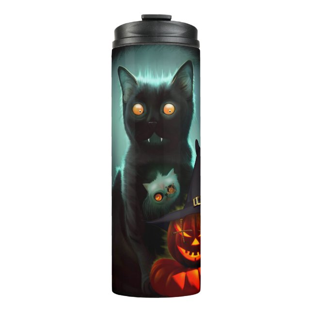 Termo Gato de vampiros y mago calabaza Halloween Surreal (Anverso)