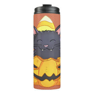 Termo Gato en Tumbler de Halloween en calabaza