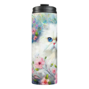 Termo Gato gitano blanco persa ojos azules en flores ros