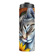 Gato Gris Dulce Durmiendo y Girasol