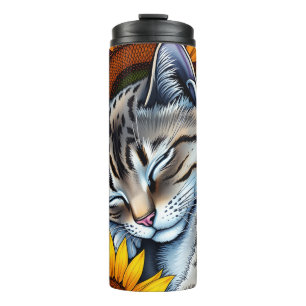 Termo Gato Gris Dulce Durmiendo y Girasol