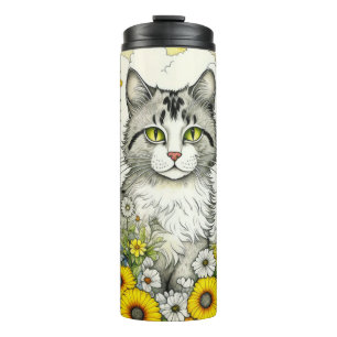 Termo Gato Gris gitano sentado en flores