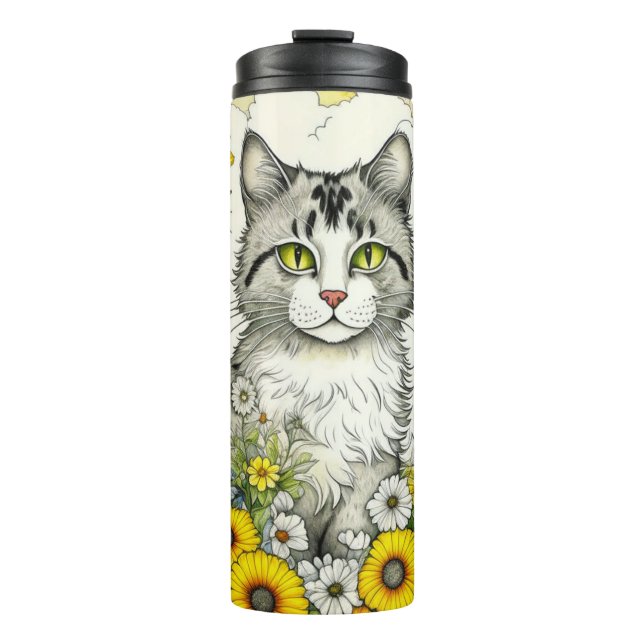 Termo Gato Gris gitano sentado en flores (Anverso)