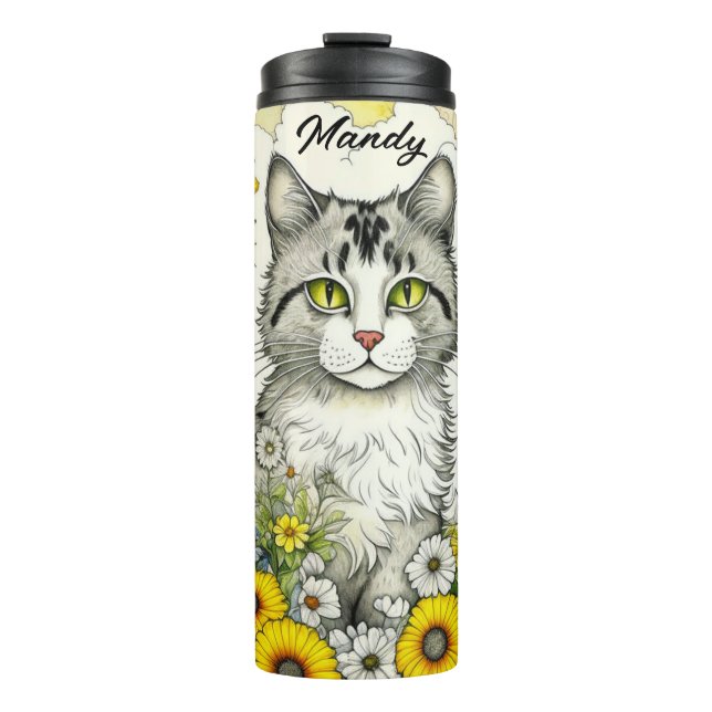 Termo Gato Gris gitano sentado en flores (Anverso)