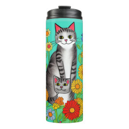 Termo Gato gris y gatito de arte folclórico caprichoso