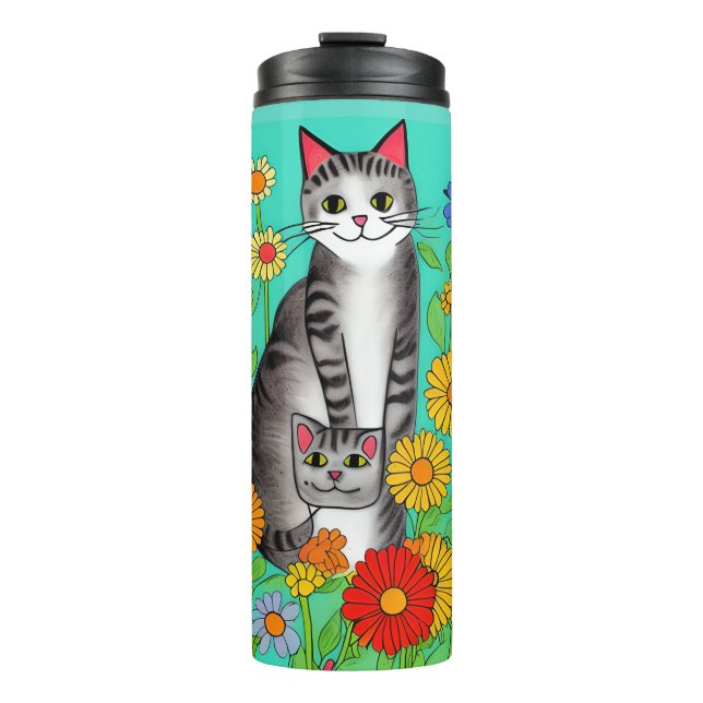 Termo Gato gris y gatito de arte folclórico caprichoso (Anverso)