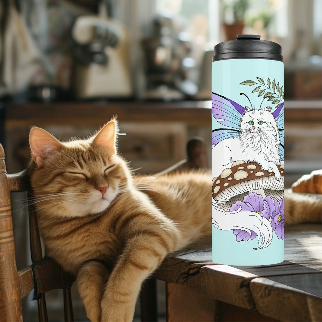 Termo Gato Hada Caprichoso Blanco Hongo Azul Fantasía (Subido por el creador)