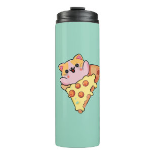 Termo Gato Kawaii Abrazando Pizza de Pepperoni Cartoon